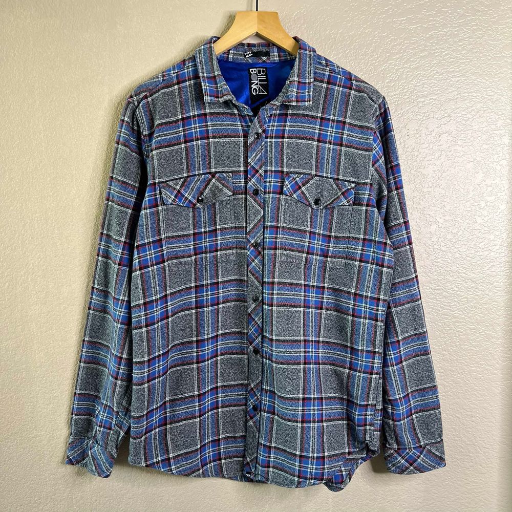 Billabong Plaid Flannel Button Up Shirt Mens L Washed Gray Blue Red Pockets